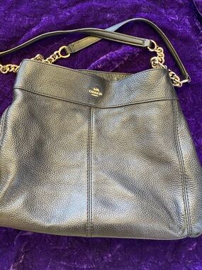 Authentic Coach Black Pebbled Leather Lexy Shoulder Bag with Gold Chain Straps